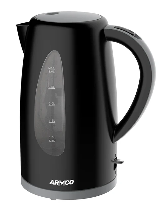 AKT-305LED - 3.0L, Plastic Cordless Kettle 360°, Dual External water level indicator 2200W, Black.